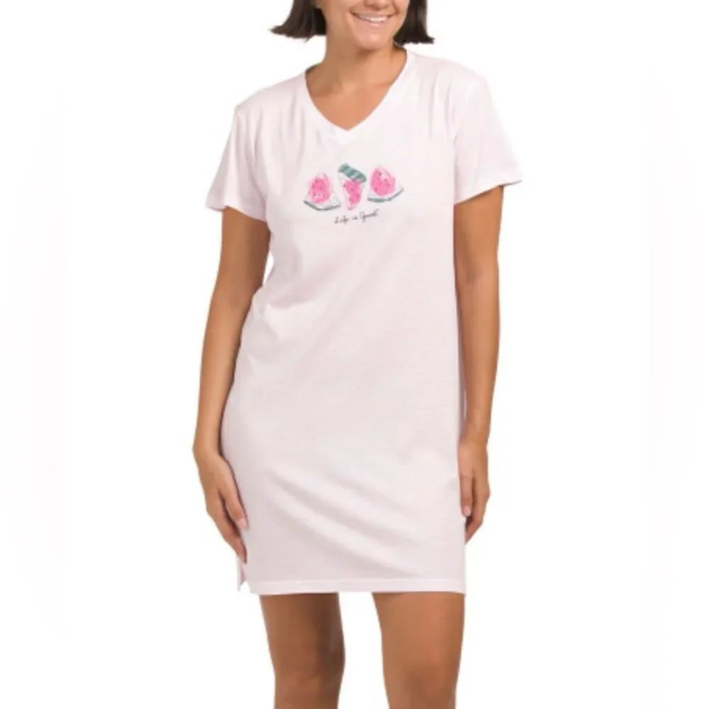 LIFE IS GOOD S M L Pink White Stripe Short Sleeve Watermelon Sleep Shirt